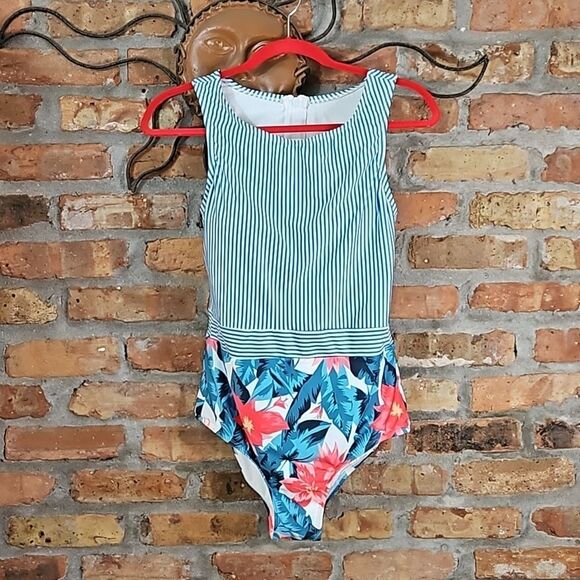 Modcloth Teal stripe & floral one piece swimsuit size Large - Picture 1 of 9